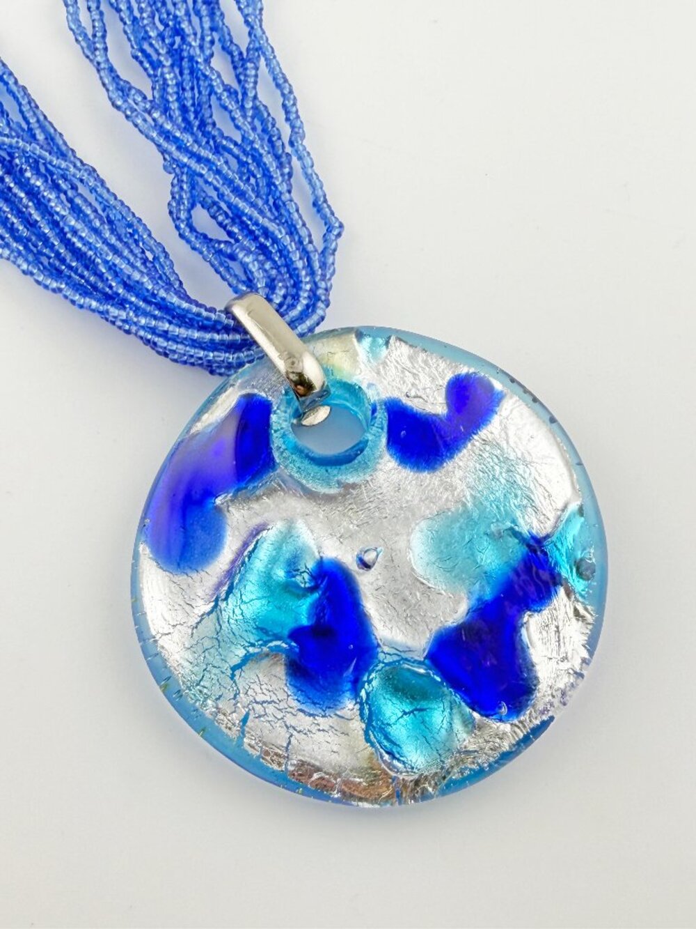 Vibrant Murano-style Blue Art Glass Pendant Multi-Strand Seed Bead Necklace